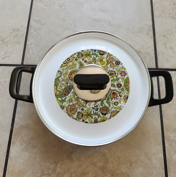Vintage Japy Enamel Pot/Pan With Lid Flroal MCM Print - Picture 2 of 5